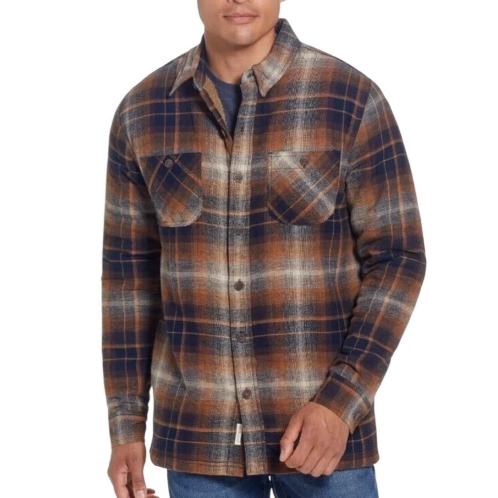 Weatherproof Vintage Mens Sherpa Lined Plaid Flannel Shirt Jacket Chili Oil L